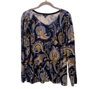 Talbots Women's Plus Sz 1XP Blue Paisley Button Up Cardigan Sweater Cotton